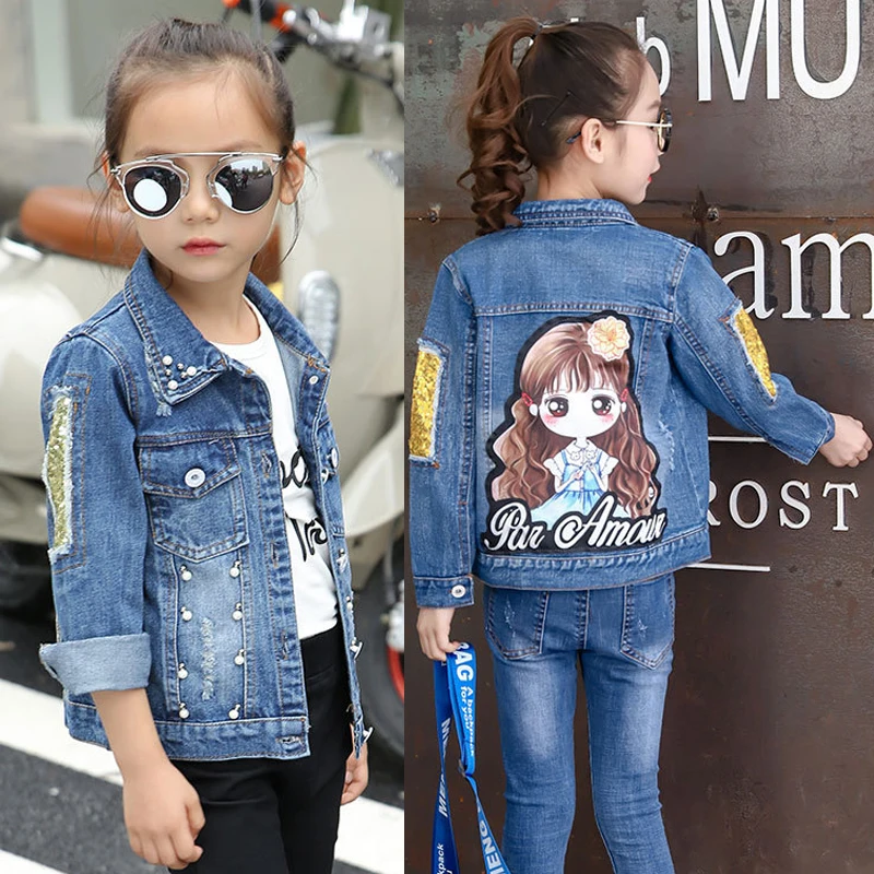 

2019 Autumn Girls Denim Jacket Cartoon Sequins Fashion Kids Jeans Coats Patchwork Children's Windbreaker Spring Baby Outerwear