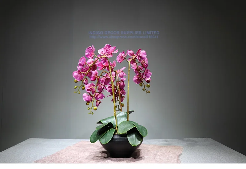 Индиго-цветок аранжирование орхидеи(4 шт Орхидея+ 3 шт. Лист) реальный сенсорный цветок обеденный стол украшение свадебный цветок