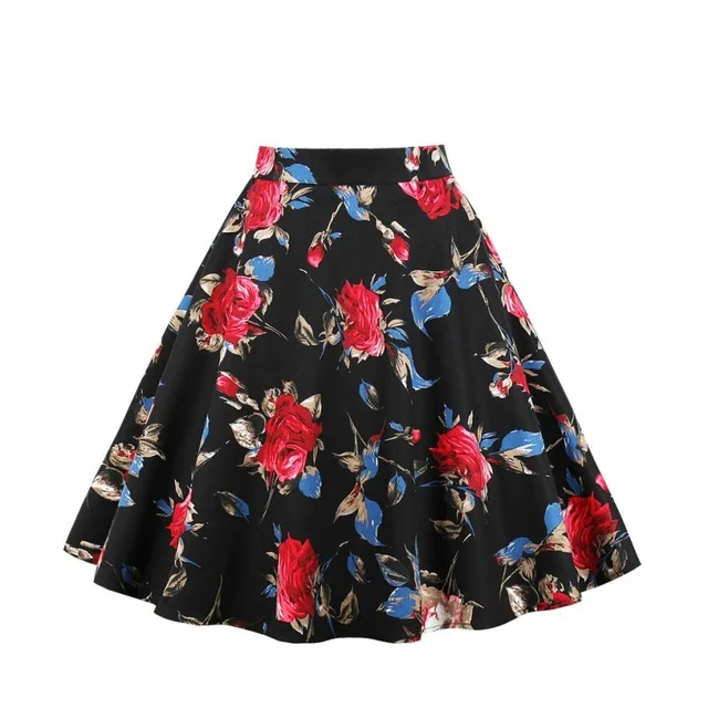 Picture color 50s Vintage Woman Retro Red Rose Flower Bouquet Floral Print High Waist Midi Skirts Knee-Length Long Saia Feminina Ladies Skirt - Цвет: Picture color