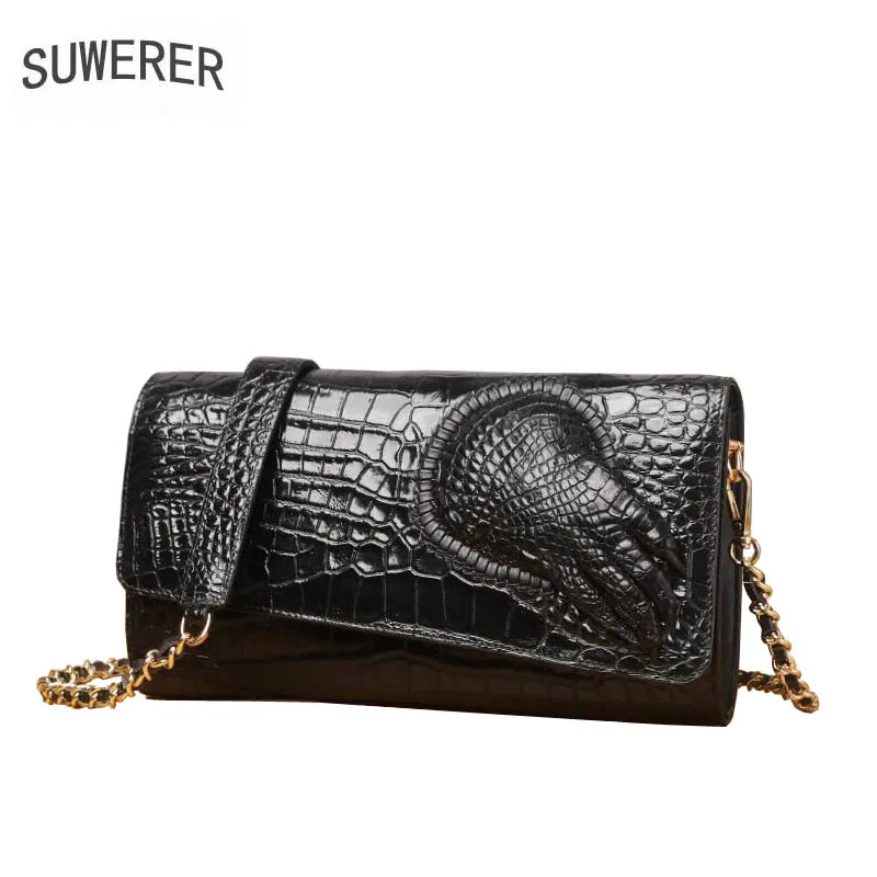 

SUWERER 2019 New cowhide women genuine leather bags Embossed Crocodile pattern Fashion clhtch bag women leather shoulder bag