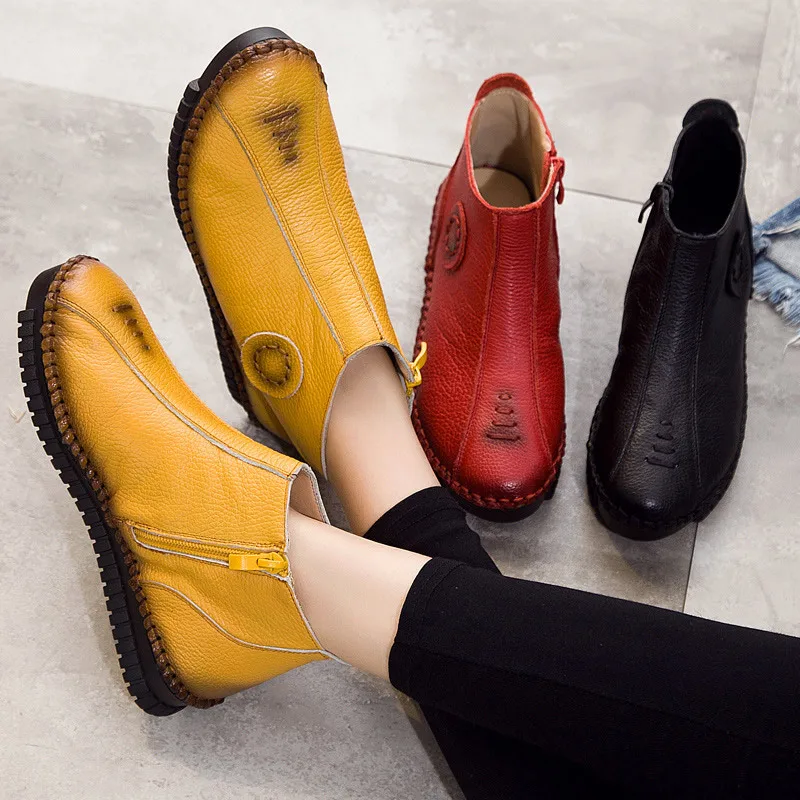 

Plus Size Autumn Women Ankle Boots Flat Platform Casual Zipper Female Shoes Anti Skid Genuine Leather Winter 2018 Red Footwear