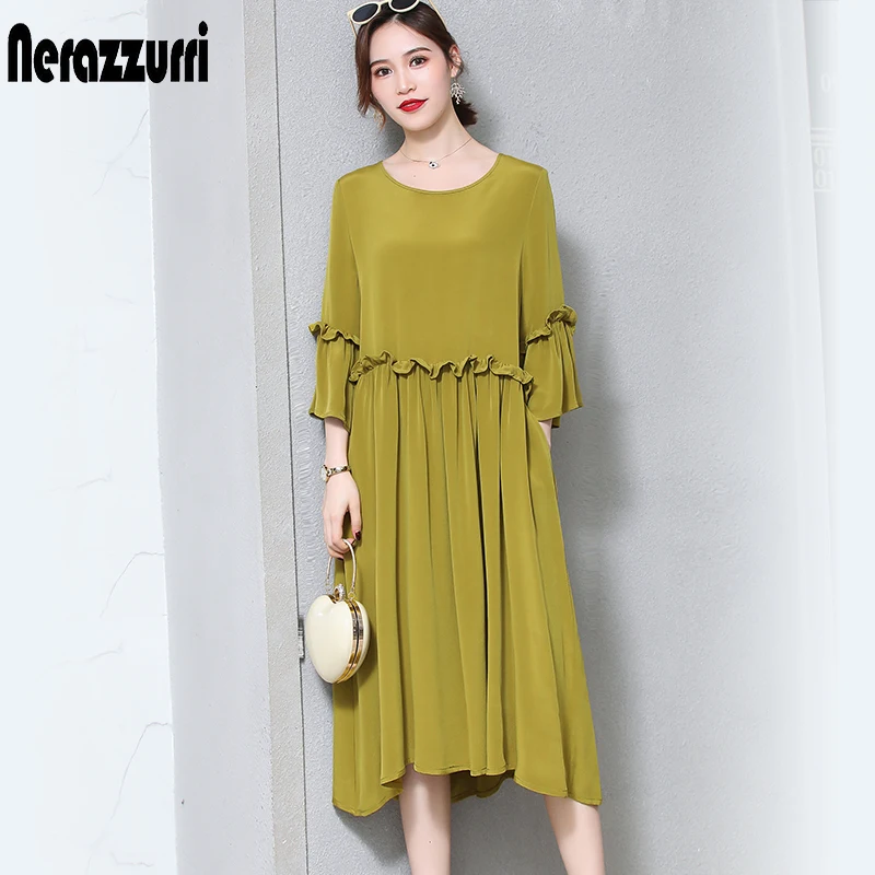 

Nerazzurri pure silk dresses women natural silk 2019 elegant high quality plus size dress 5xl 6xl 7xl long ruffle summer dress