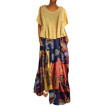 

Maxi linen dress Women summer Plus Size bohemian Patchwork Two-piece O-Neck Short Sleeve Print Vintage Vest + T-shirt Dress #3