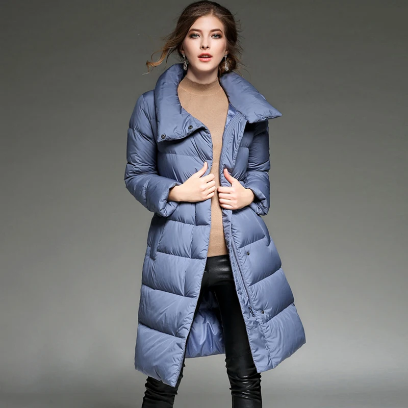 

Winter Solid Color Basic Long Down Jacket Women 2019 New Stand Collar Loose White Duck Feather Light And Thin Coat Female HJ177