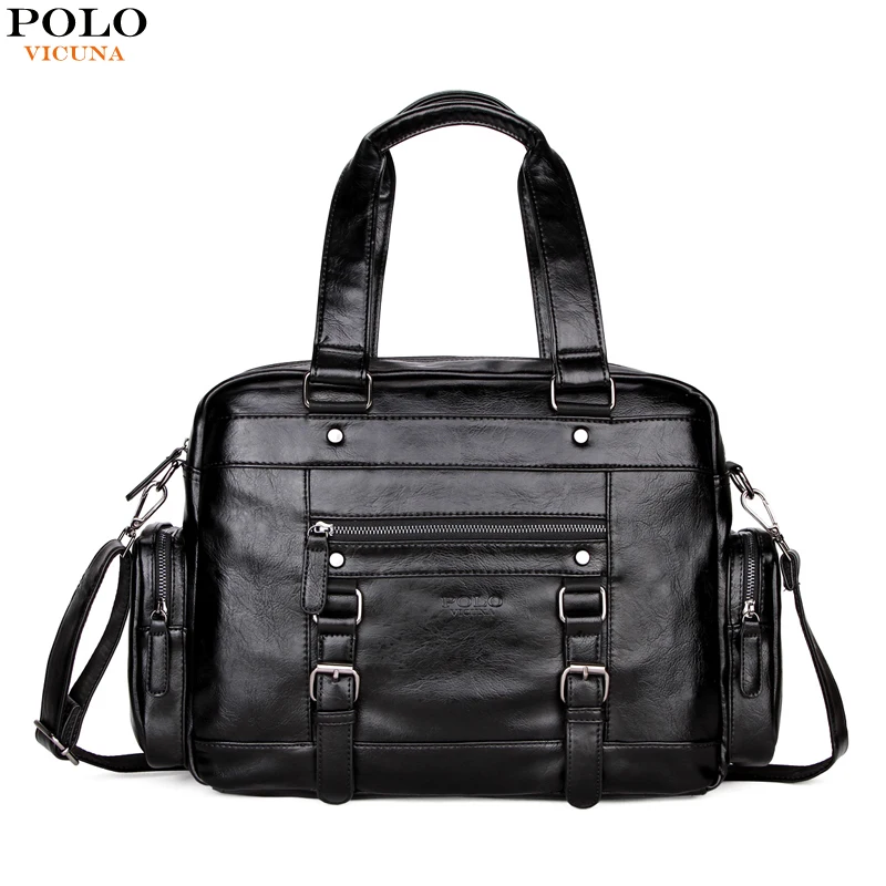 

VICUNA POLO Men Leather Travel Bags With Front Pocket Big Capacity Shoulder Bag High Quality Black Brand Casual Travel Handbag