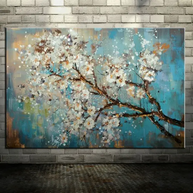 hand painted large cheap abstract oil painting turquoise blue canvas art flower tree branch wall ...