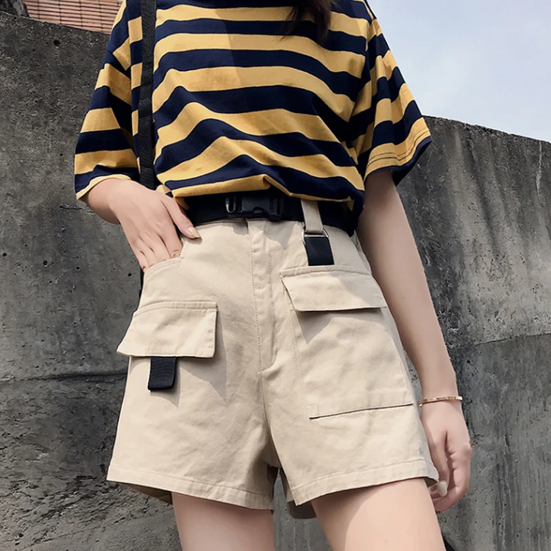 

Streetwear Cargo Shorts Women Boyfriend Style BF Pure Color Pockets Belt Woman Short Summer Casual Green Black Shorts High Waist