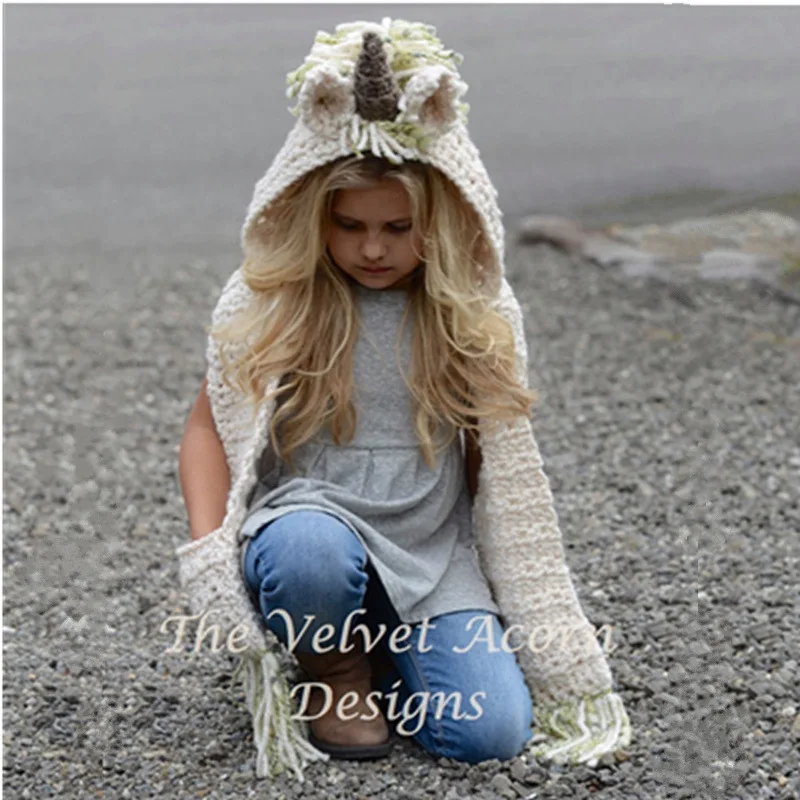 

Baby Girls Cartoon Unicorn Horn Hooded Capes Tassels Scarf Design Capes New Fashion Children Christmas Outerwears 1.5-2kg#4658