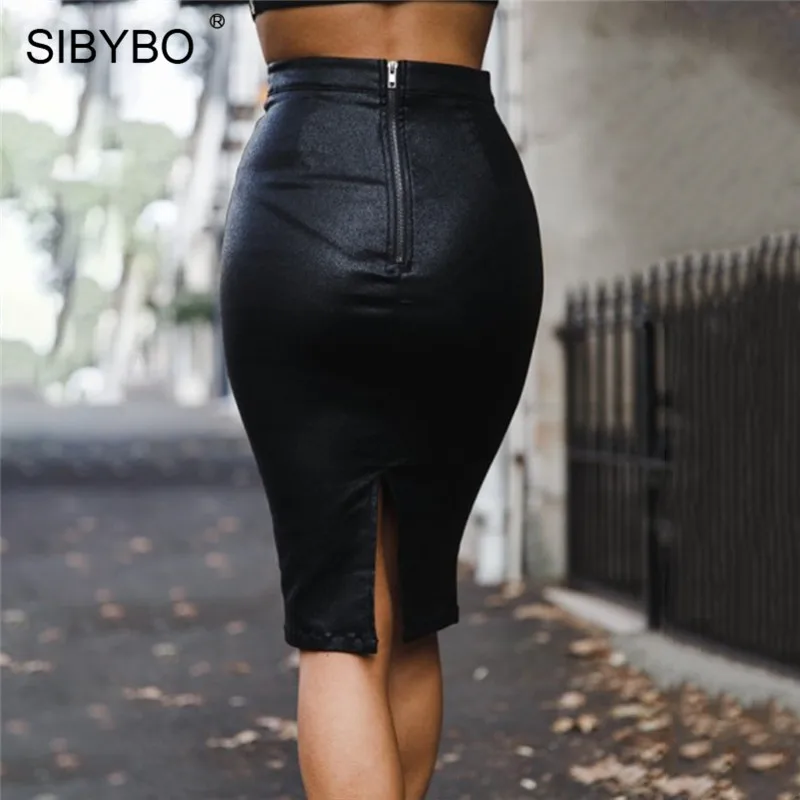 Sibybo/Осенняя Женская юбка из искусственной кожи с высокой талией и разрезом сзади; модные повседневные юбки на молнии из бархата; женская черная кожаная юбка-карандаш