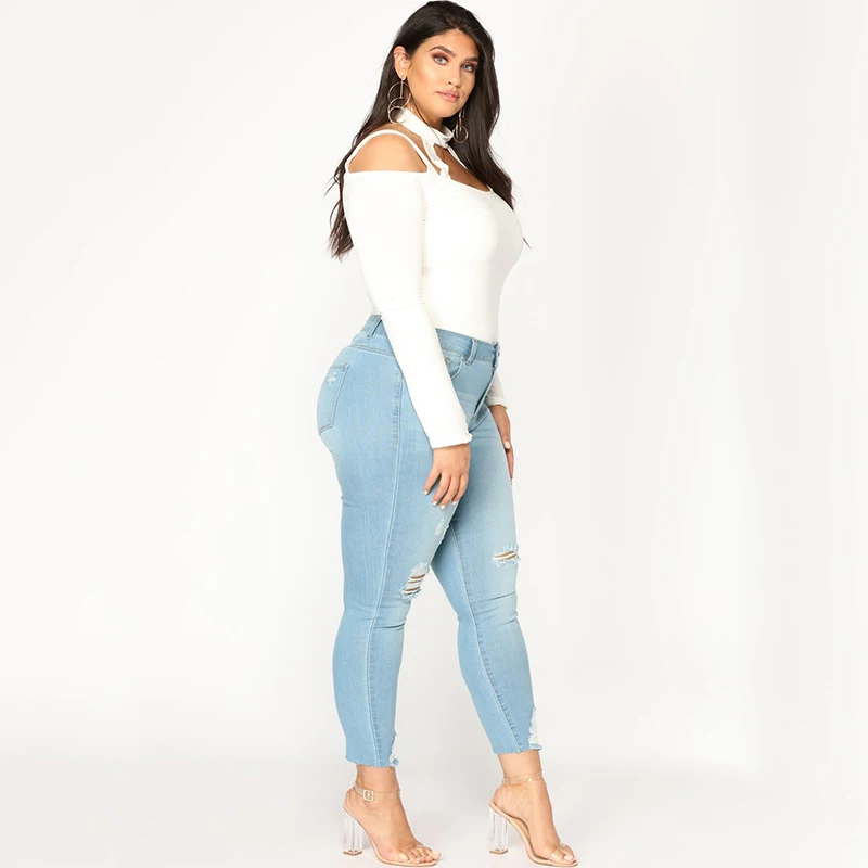 Женские рваные джинсы больших размеров 5XL 6XL 7XL, узкие джинсовые рваные джинсы с высокой талией, повседневные Стрейчевые узкие брюки
