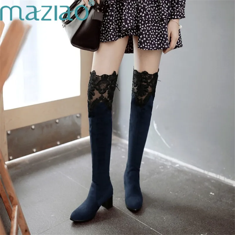

Nubuck Suede Flock Women Over The Knee Boot Sexy High Heels Long Lace Patchwirk Ladies Party Shoes MAZIAO