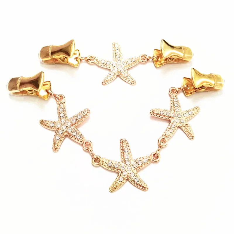 

2Pcs/lot Gold Rhinestone Starfish Cape Cloak Clips Sweater Shawl Clasp Women Cardigan Brooch Pins Guard Cinch Clamps