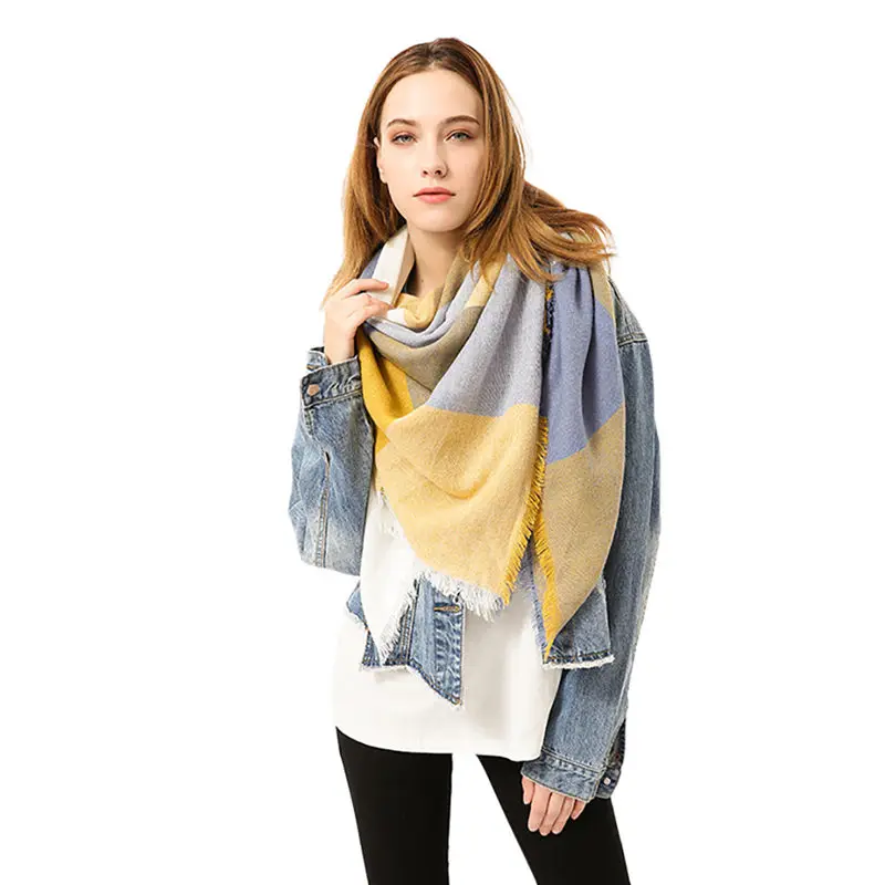 Women Winter Warm Color Stitching Long Wool Shawl Plaid Soft Neck women's scarves handkerchief hijab scarf 40MA0406