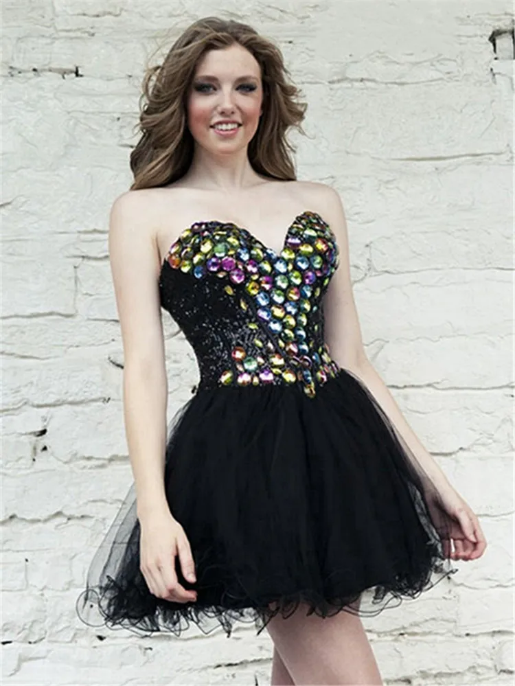 Tulle Black Dresses Colorful Crystal Beaded Graduation