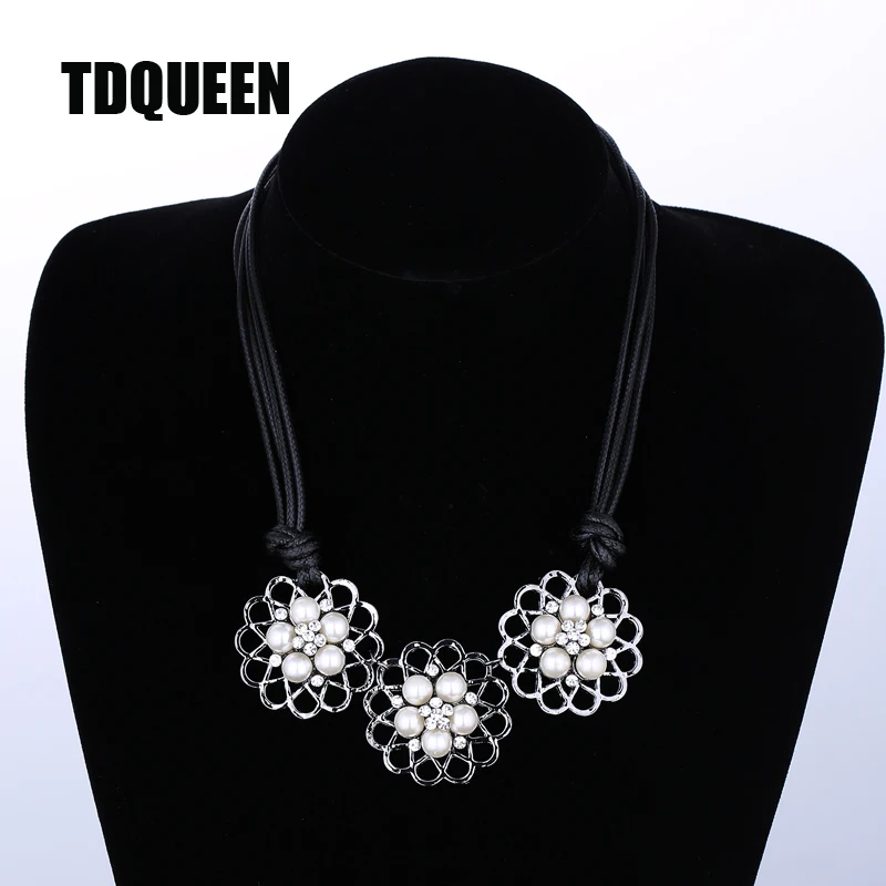 

TDQUEEN Vintage Necklace Fashion Black Gun Pearl Flower Pendant New Arrival Wholesale Girl Rope Maxi Statement Choker Necklace