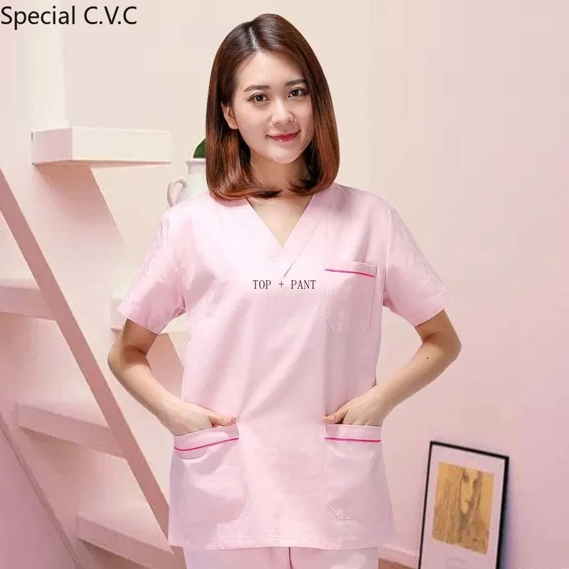 Women's Fashion Scrub SET Color Blocking Design V Neck Shirt with Side Vent + Pants (pure Cotton/polyester Cotton)