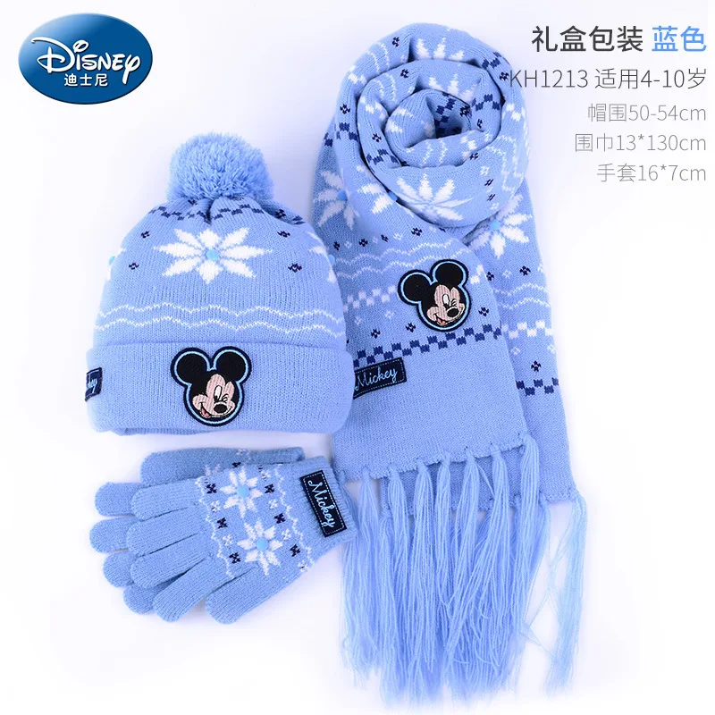 Настоящий комплект из 3 предметов, модные зимние перчатки для детей, новые зимние теплые детские перчатки с рисунком Минни Маус и вязаным шарфом и шапкой - Цвет: Blue