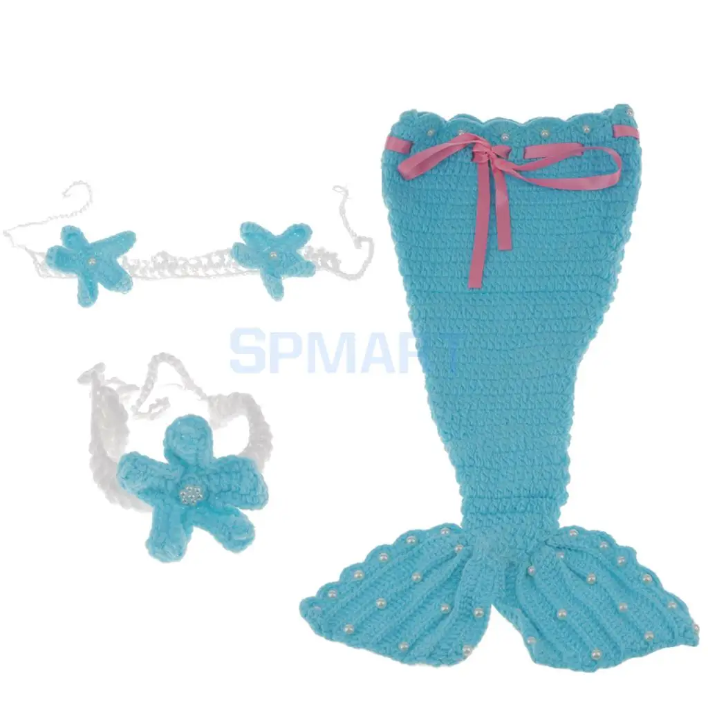 Newborn Baby Photography Prop Crochet Mermaid Headband Bra Tail Clothing Costume Set