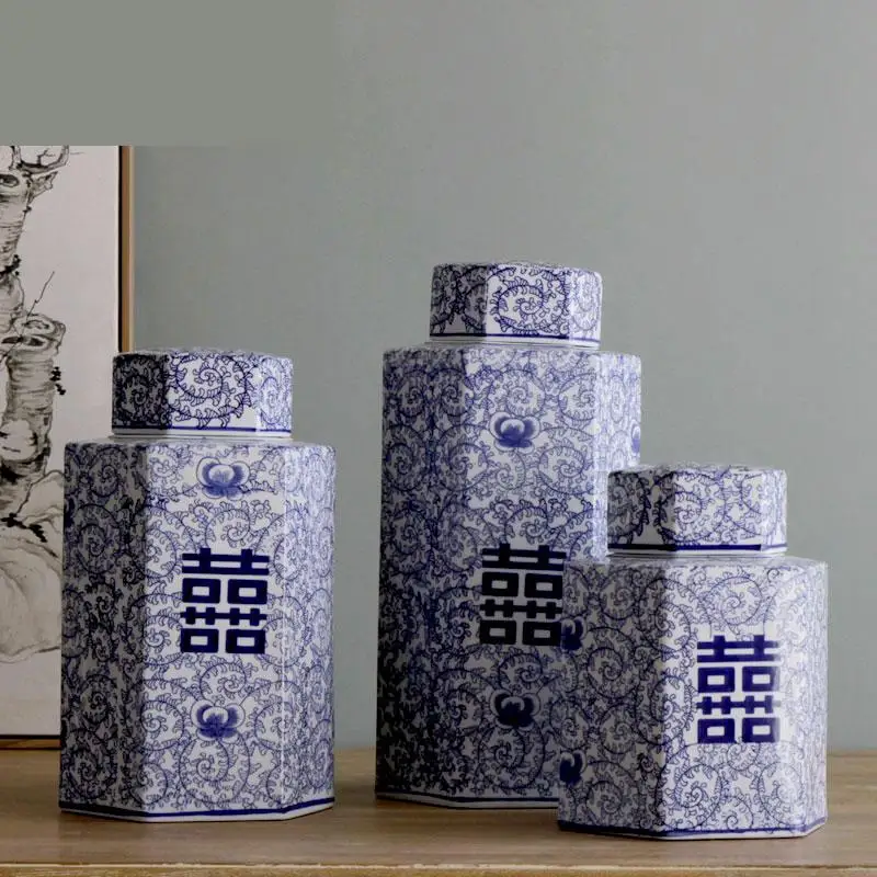 

Home Furnishing Jingdezhen Ceramics Blue And White Porcelain Classical Style Six Side Ceramic Pot porcelain jar vase