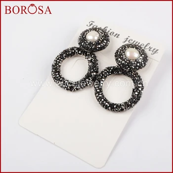 

BOROSA Fashion Dangle Earrings,Natural Round Pearl Pave Zircons CZ Drop Earrings Gems Jewelry for Women JAB774