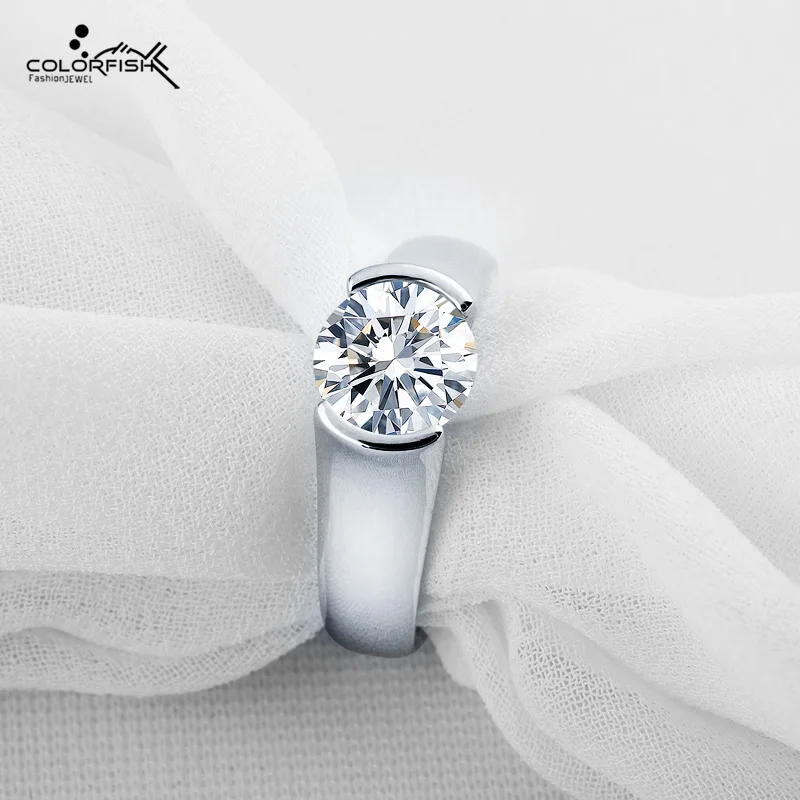 

COLORFISH 2 Carat Elegant Round Solitaire Engagement Ring 925 Sterling Silver Brilliant SONA Stone Ring For Women Jewelry Gift