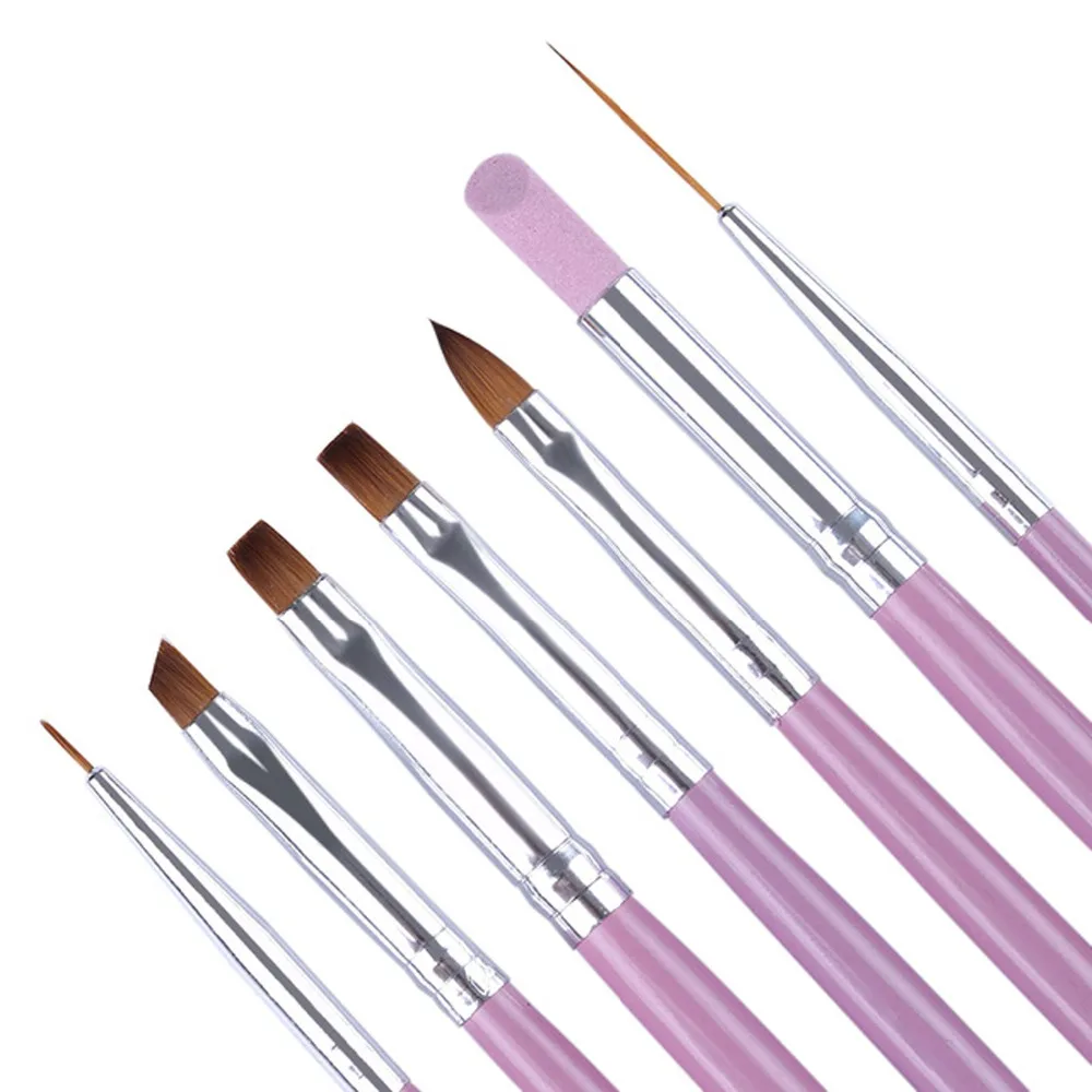 

MOONBIFFY Brush Acrylic Painting Pen Cuticle Pusher Manicure Nail Art Tools Kit 7Pcs Nail Brushes Set Pink Handle UV Gel