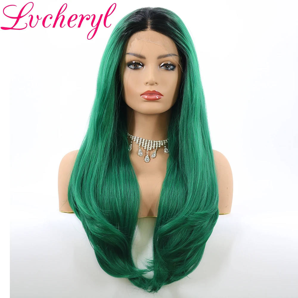 Lvcheryl Ombre черный до зеленый длинные натуральные волны полной плотности
