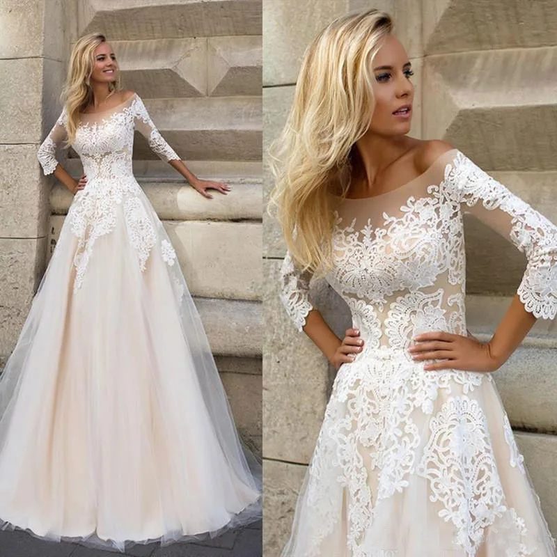 Wedding Dresses Elegant 3/4 Sleeves Sweep Train Plus Size Bridal Dress ...