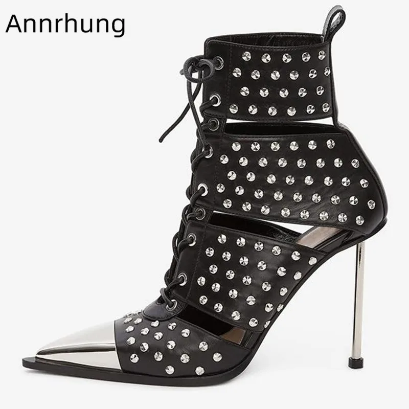 

Punk Style Hollow Rivets Chelsea Boots Women Metal Pointed Toe Thin High Heels Cross-tied Runway Ankle Boots Women Botas Mujer