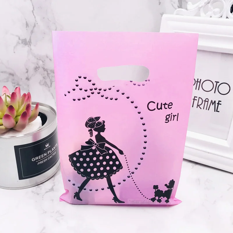 100pcs 15x20cm Girl Dog Pink Black Plastic Gift Bag Favor Jewelry