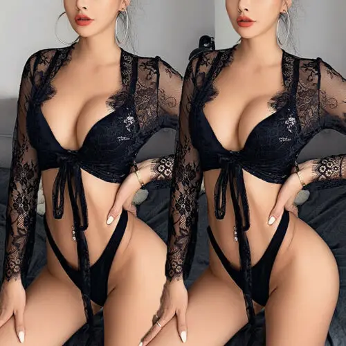 

Women Sheer Lace Deep V Plunge Tie Up Knot Crop Top See through Blouse Hot Sexy Black Summer Beach Cover up