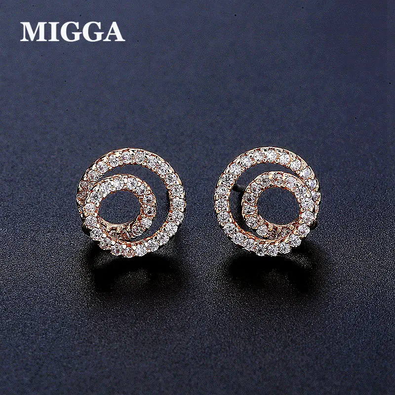 

MIGGA Delicate Micro Paved Cubic Zirconia Circle Round Stud Earrings for Women Girls Rose Gold/Silver Color