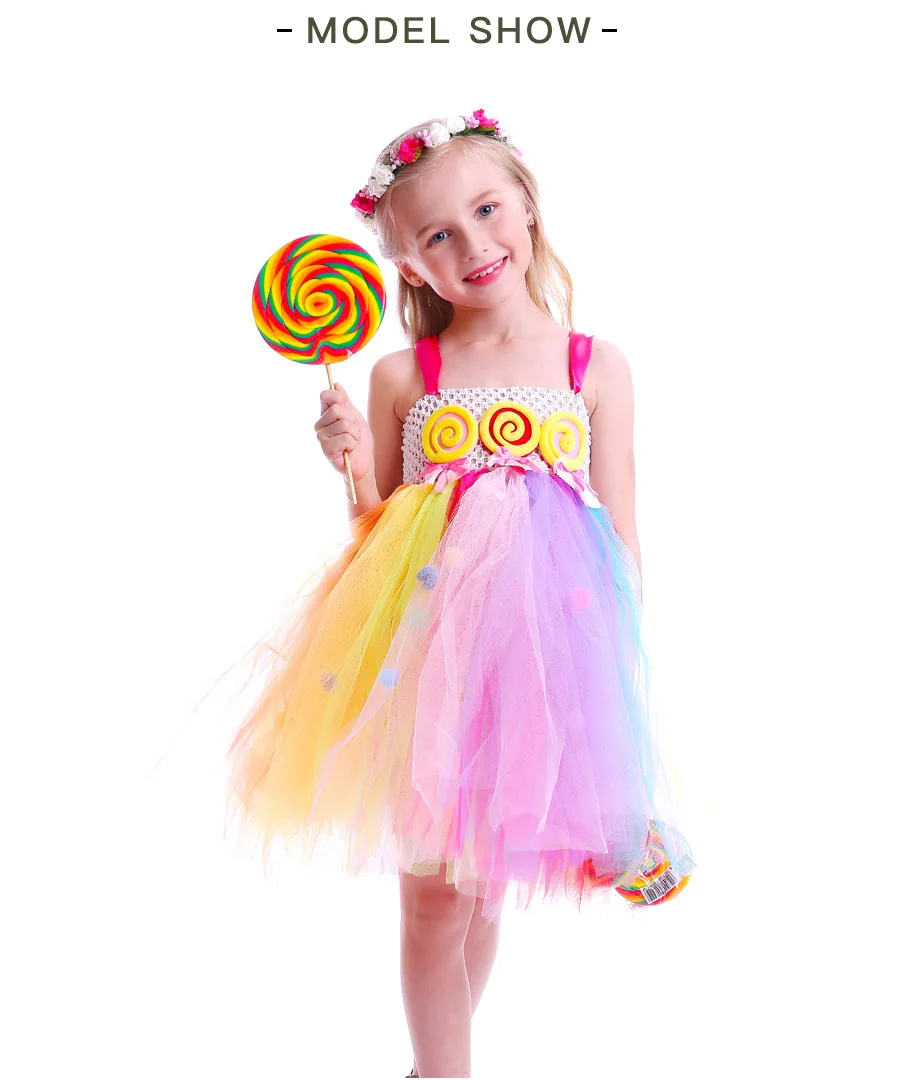 Pom Pom Design Sweet Candy Lollipop Girls Tutu Dress Kids Rainbow Fairy Summer Dress Children Birthday Photo Costume Outfit (3)