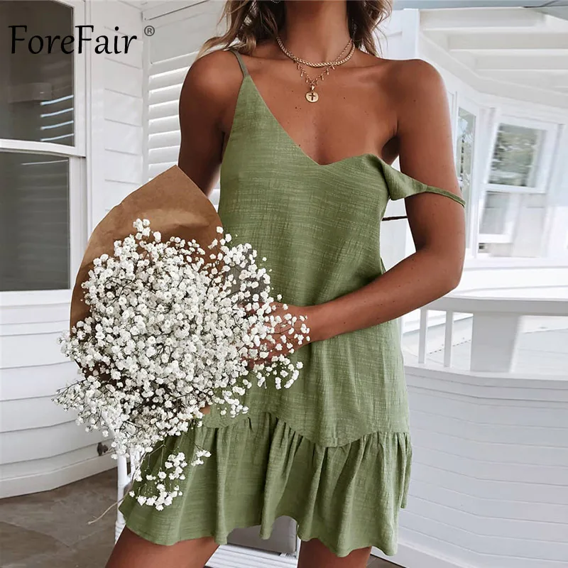 Forefair Мини Летнее платье на бретелях с открытыми плечами желтого и белого цвета с оборками размера плюс Свободный Повседневный льняной сарафан сексуальное пляжное платье для женщин|Платья| | АлиЭкспресс