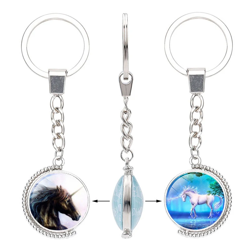 

LF 99mm Long Marvel Key Ring Animal Jewelry Horse Glass Cabochon Metal Double Side Rotatable Keychain Gift For Valentine's Day