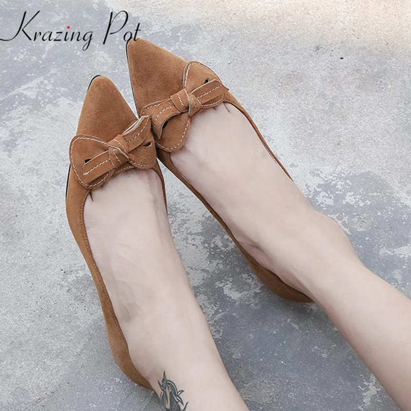 

krazing Pot 2019 new full grain leather med heel pointed toe elegant gladiator rome career butterfly-knot bowtie women pumps L35