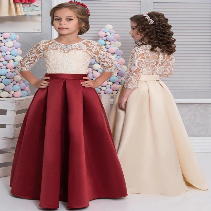 

New Red Champagne Flower Girl Dresses Long Sleeves Lace Satin Mother Daughter Dresses For Children Christmas Party Prom Gown