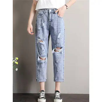 

2019 New Spring Summer Hole Beading Pearl Jeans Women Stretch Skinny Denim Pants Casual Slim Fit Rivet Jeans M-4XL f1228