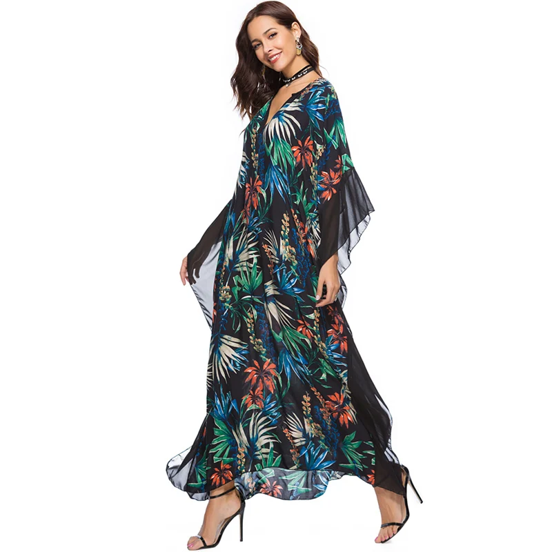 PLUS SIZE CHAIN DETAIL PRINT DRAWSTRING BATWING SLEEVE SUMMER KAFTAN GREEN