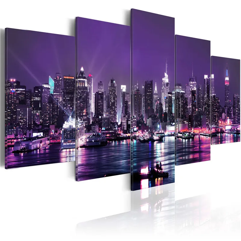 

5 Panel Night View Poster New York City Construction Scenery Canvas Painting Landscape Modular Wall Art Pictures Room Decor