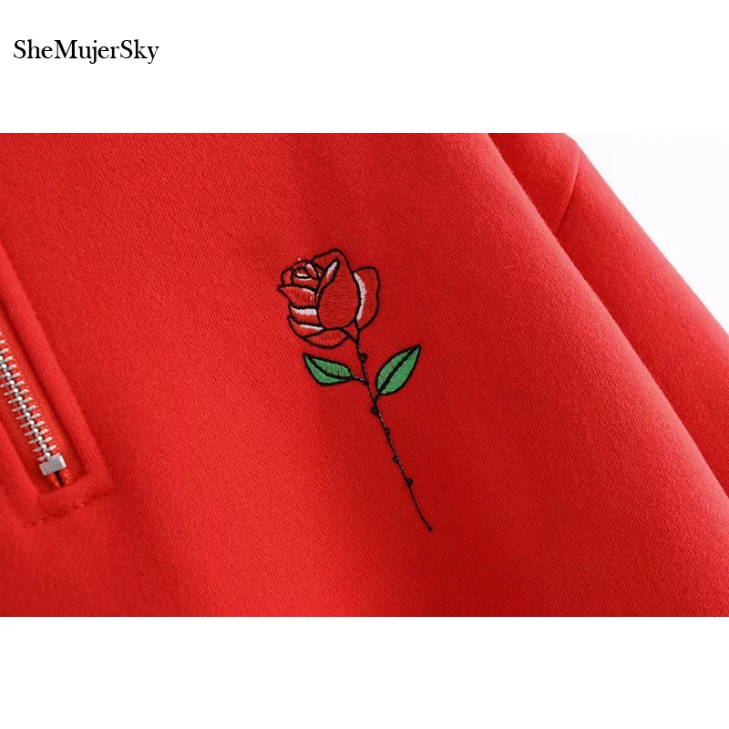 Женская толстовка с вышивкой SheMujerSky красные пуловеры в цветочек осень 2018 худи
