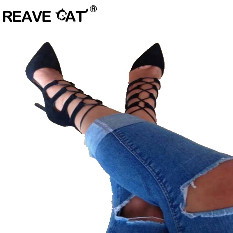 REAVE CAT/ г. Новая обувь женские туфли-лодочки женская обувь на высоком каблуке Женская обувь из флока на тонком каблуке с перекрестной шнуровкой, большие размеры 35-47, с острым носком, A1809