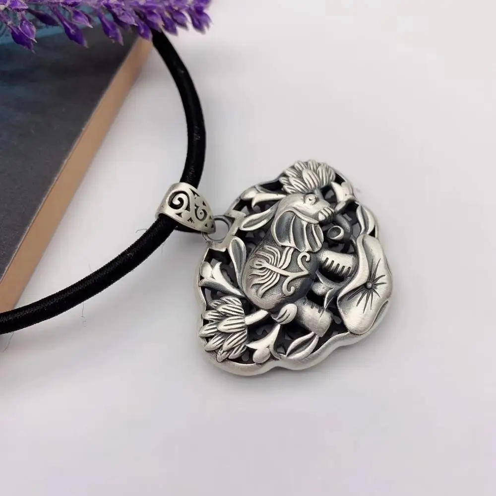 

Retro Sterling S925 Silver Pendant Natural Elephant Lotus Leaf For Women Lady Fashion Pendant 38*36mm