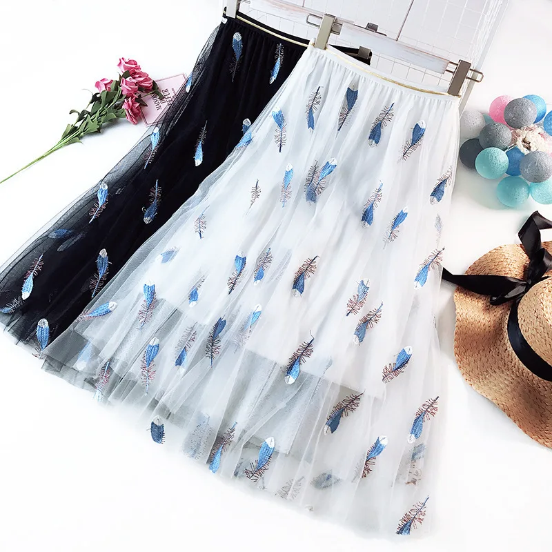 Wasteheart White Pink Women Skirts High Waist Ball Gown Feather Embroidery Ankle Length Skirt Chiffon Clothing Plus Size Wasteheart White Pink Women Skirts High Waist Ball Gown Feather Embroidery Ankle Length Skirt Chiffon Clothing Plus Size