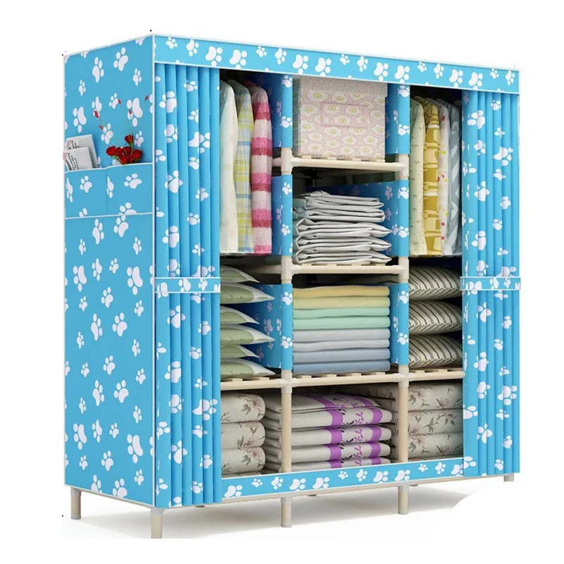 

10KG solid wood oxford cloth wardrobe Simple using foldable Curtain style canvas wardrobe for kids Adults larege capacity
