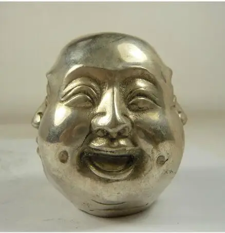 old White Copper Collection Chinese Handmade 4 Face Buddha head Statue