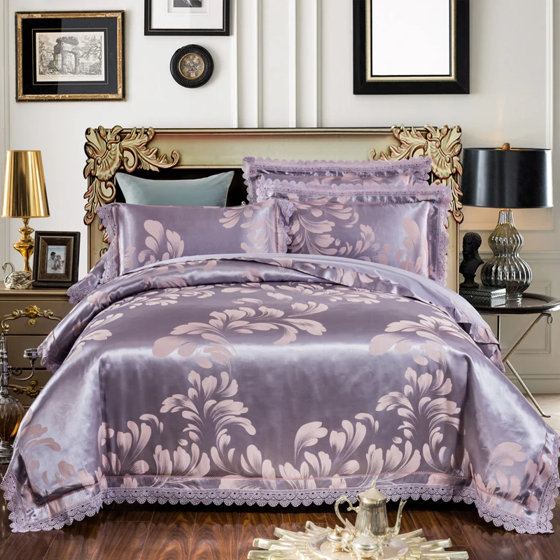 Waliicorners 4-Pcs gold silver lace Jacquard Bed Cover Queen King Size Luxury Bedding Set Silky Bedclothes Duvet Cover Bed Sheet set 22 1