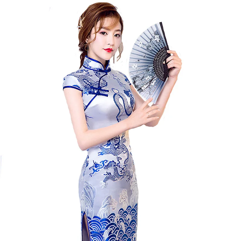 

Blue and White Porcelain Cheongsam Long Spring Summer New Improved Elegant Daily Retro Slim Ladies Show Dress