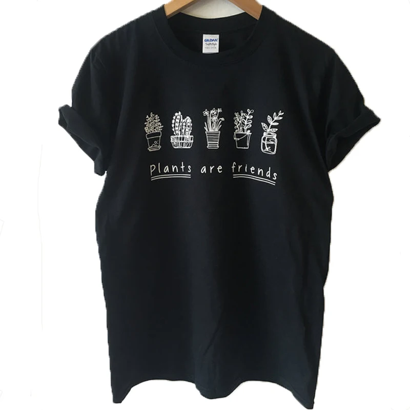 White Black Funny T Shirts Women Shirt Femme Tops Print Oversized Tee O-neck Plants Are Friends Plus Size Cute Graphic | Женская одежда