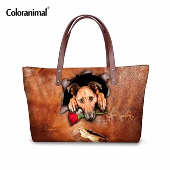 

Coloranimal Brand Designer Women Large Handbag Vintage Brown Cat Dog Printed Shoulder Bag for Ladies Female Purse Shopper Totes